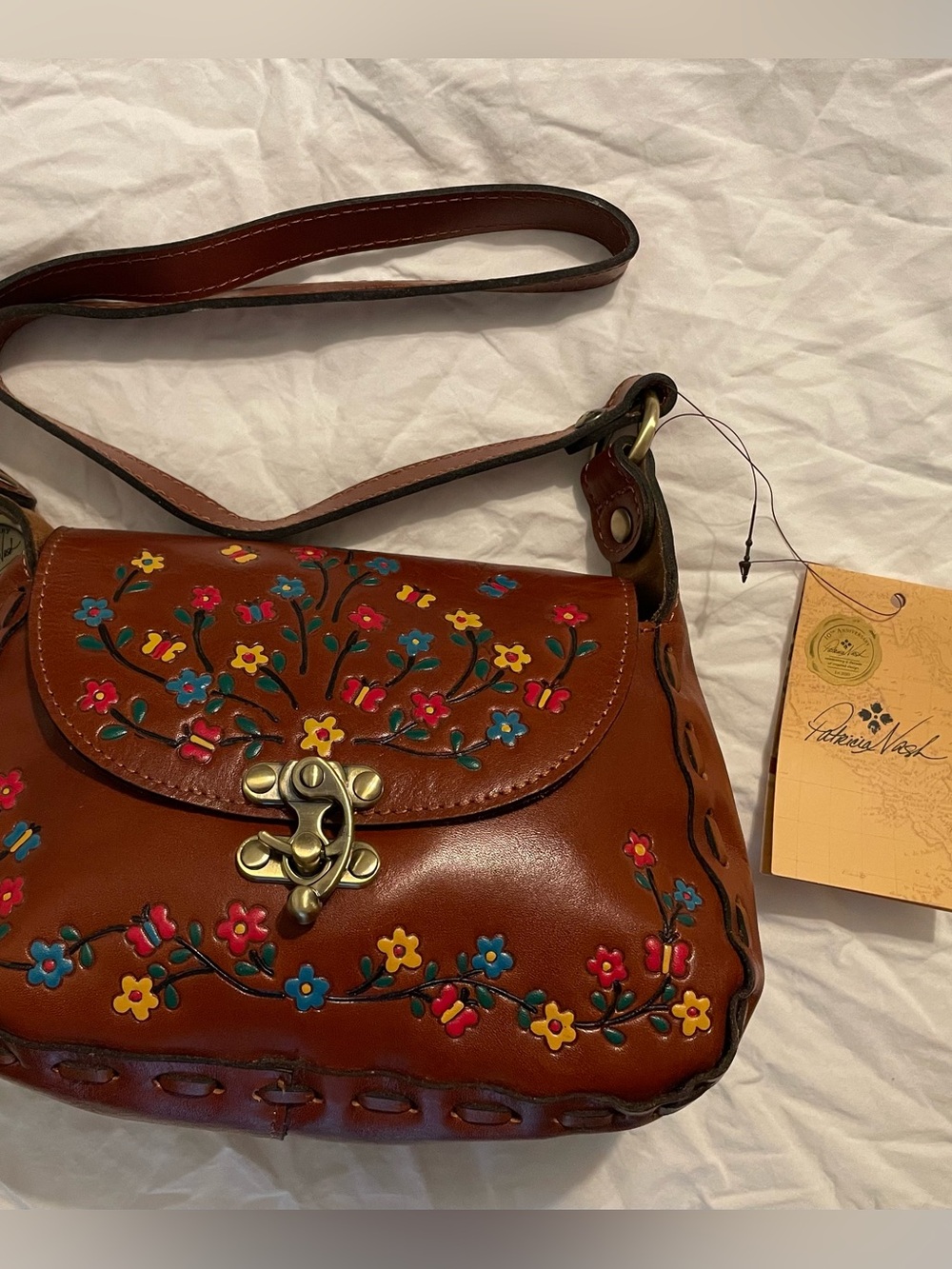 Patricia Nash Brown Floral Embossed Leather Shoulder Bag